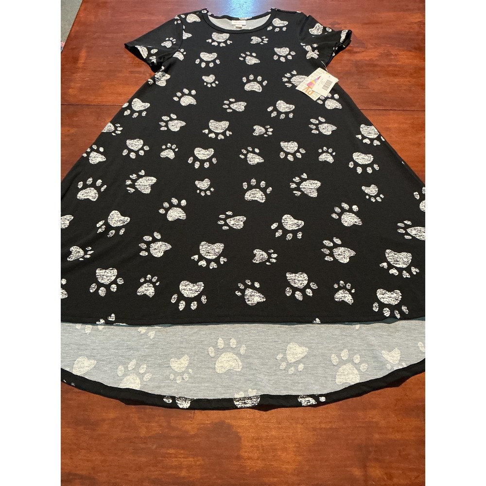 LuLaRoe Carly Dress XS Black White Paw Print High Low Short Sleeve T-Shirt Swing